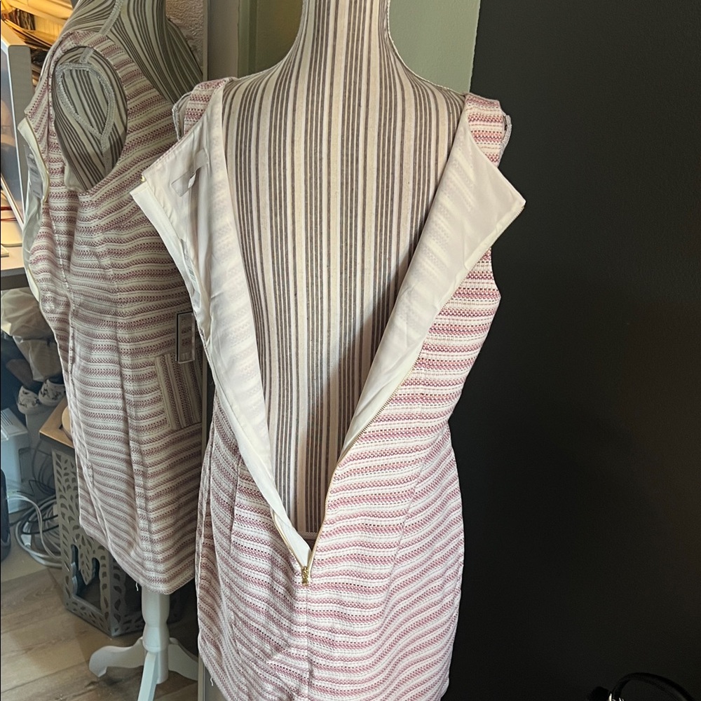 NWT. LOFT, size 14, Pink & White, Sleeveless Boucle Sheath Striped Mini Dress - Picture 8 of 8